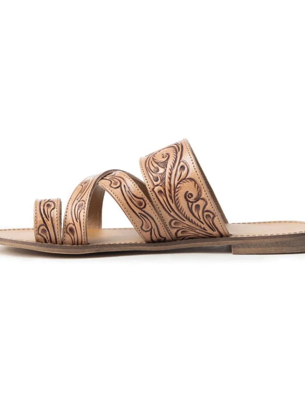 Tan Genuine Tooled Leather Slide Sandals - Picture 3 of 8